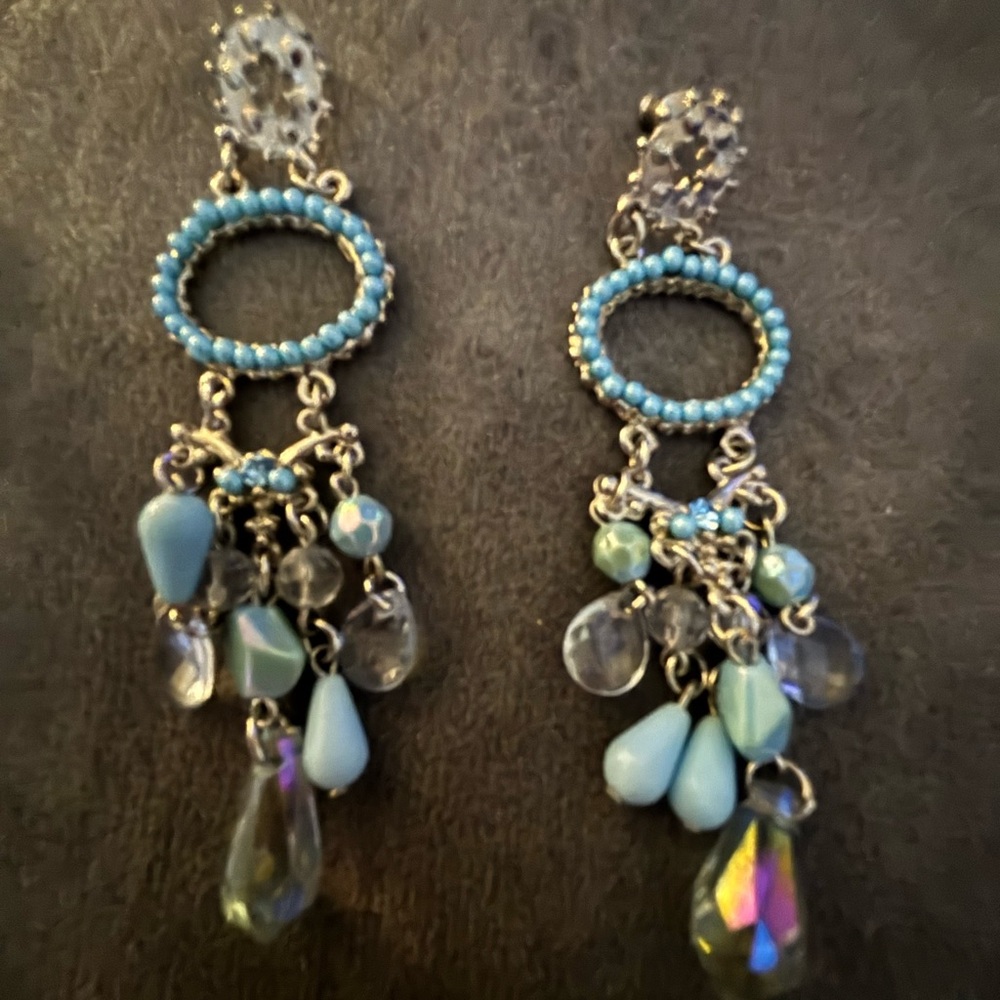 Blue and Silver Chandelier Earrings with Crystal Accents